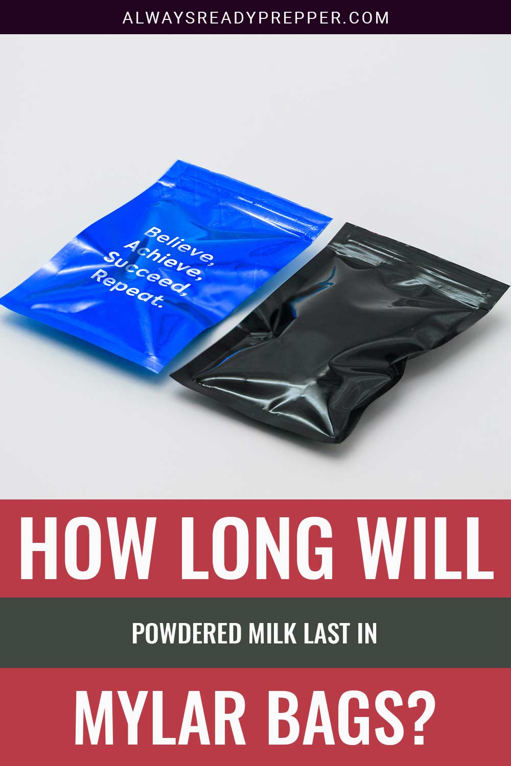A blue and a black mylar bag on a white surface - How Long Will Powdered Milk Last In Mylar Bags?