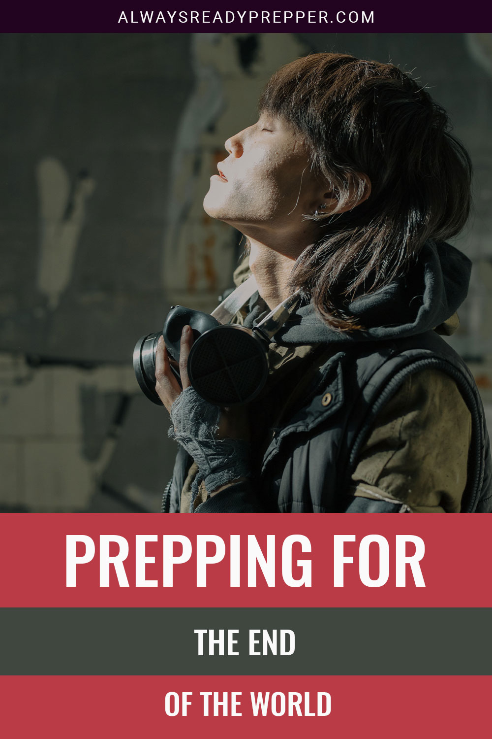 Woman with a gas mask in her hand facing up - Prepping For the End of the World